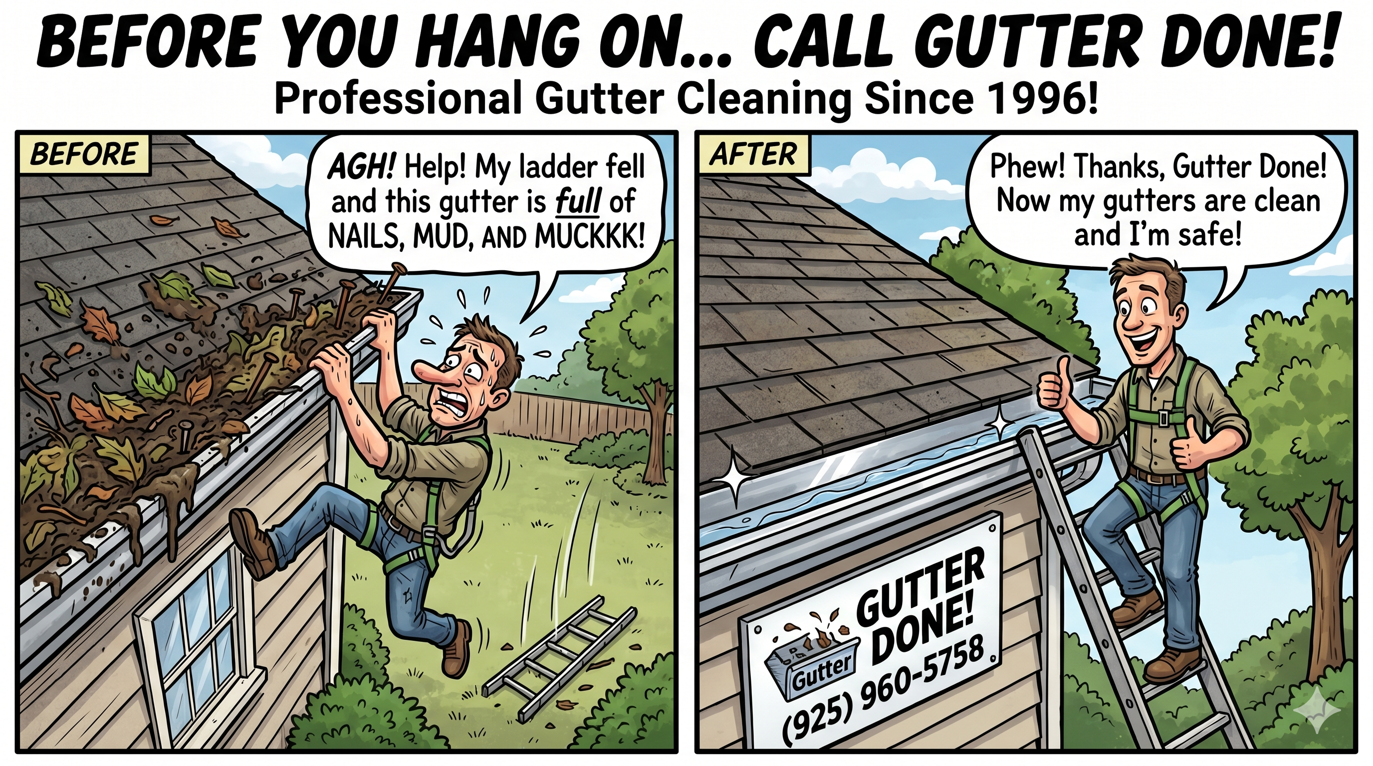 Gutter Done — Paul cleaning gutters illustration